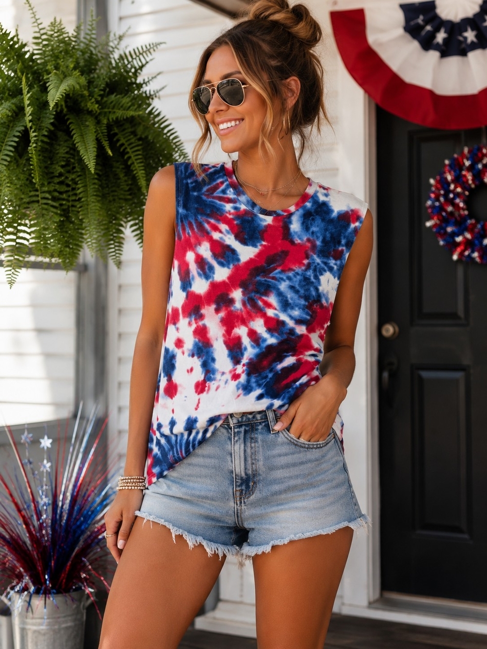 Women’s Red & Blue Tie-Dye Sleeveless Tank Top